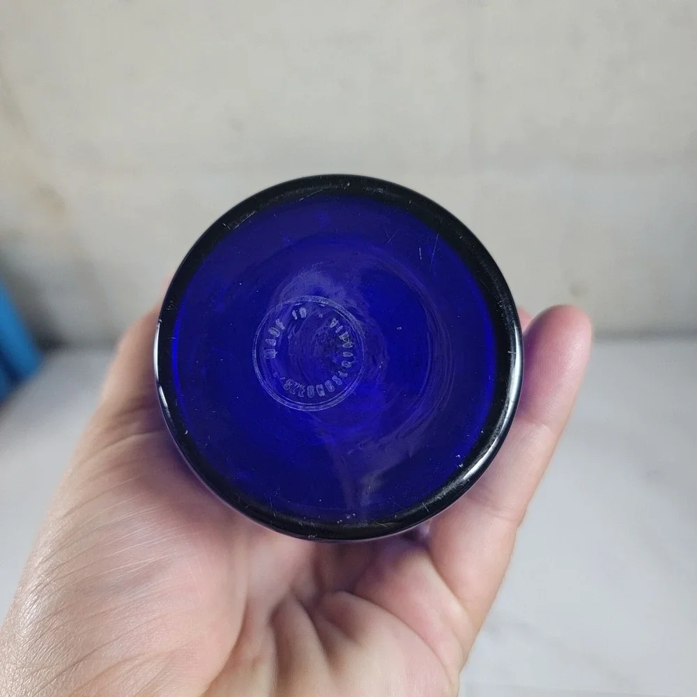 Vintage Cobalt Blue Czech Glass 8.5 Inch Vase Hand Painted‎ Silver Flowers